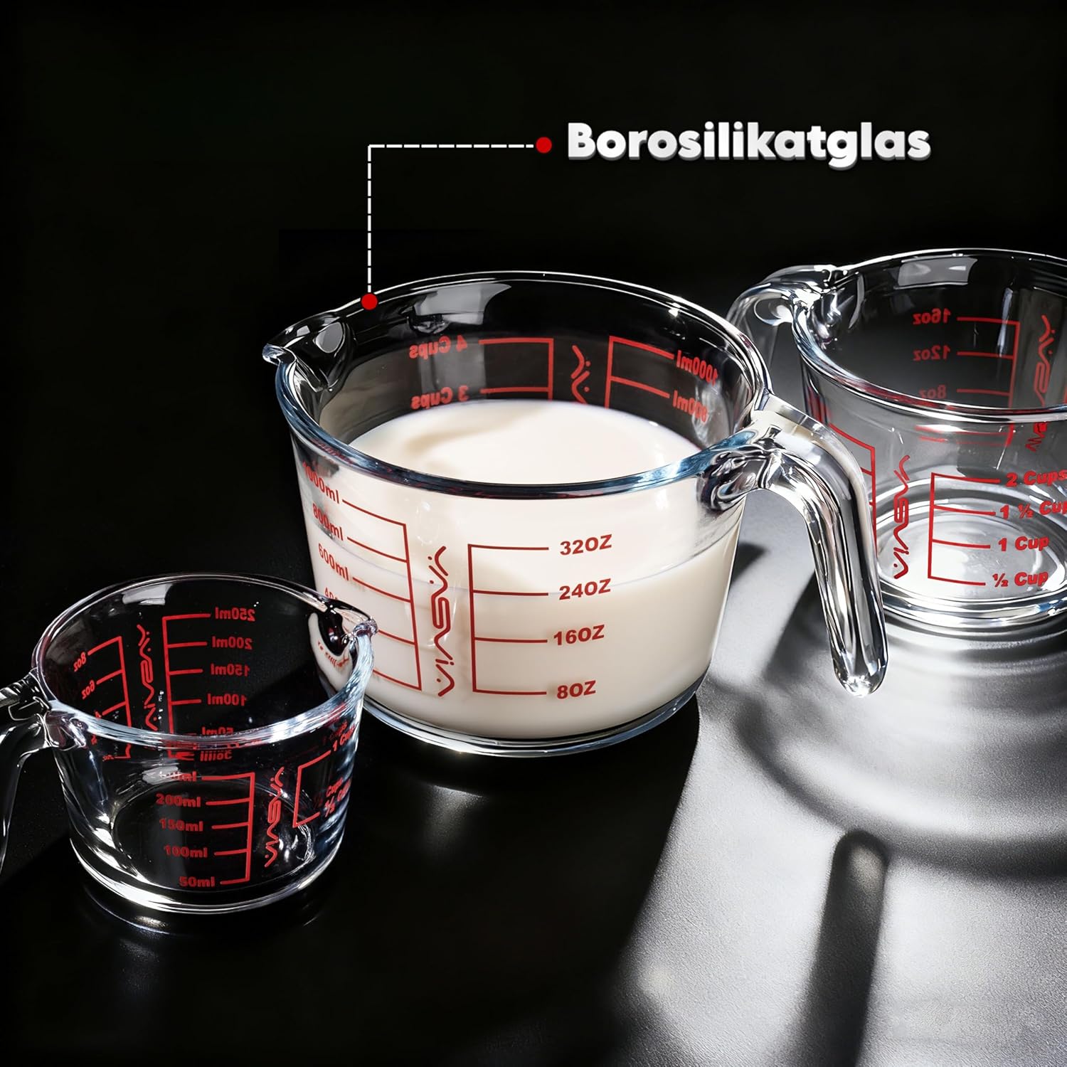 3’lü Cam Ölçü Kabı Seti (250 ml, 500 ml, 1000 ml) – Yüksek Kaliteli Borosilikat Camdan Üretilmiş Ölçü Kapları, Isıya Dayanıklı ve Mikrodalgaya Uygun, Hassas Ölçekli Mutfak Ölçü Kabı, Bulaşık Makinesinde Yıkanabilir