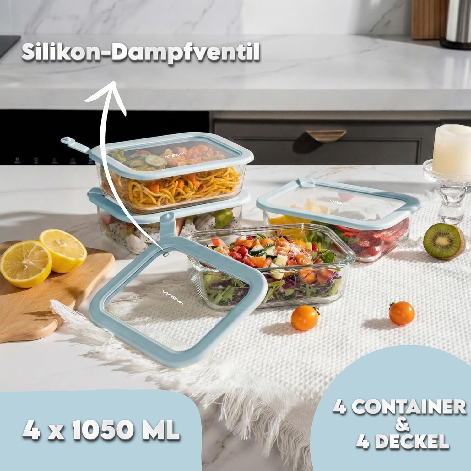Meal Prep Cam Gıda Saklama Kabı Seti (4 x 1050 ml), Plastiksiz, Borosilikat Cam Saklama Kapları, Silikon Kapaklı, Hava Geçirmez, Sızdırmaz, Mikrodalga, Fırın, Dondurucu ve Bulaşık Makinesinde Kullanıma Uygun, BPA İçermez
