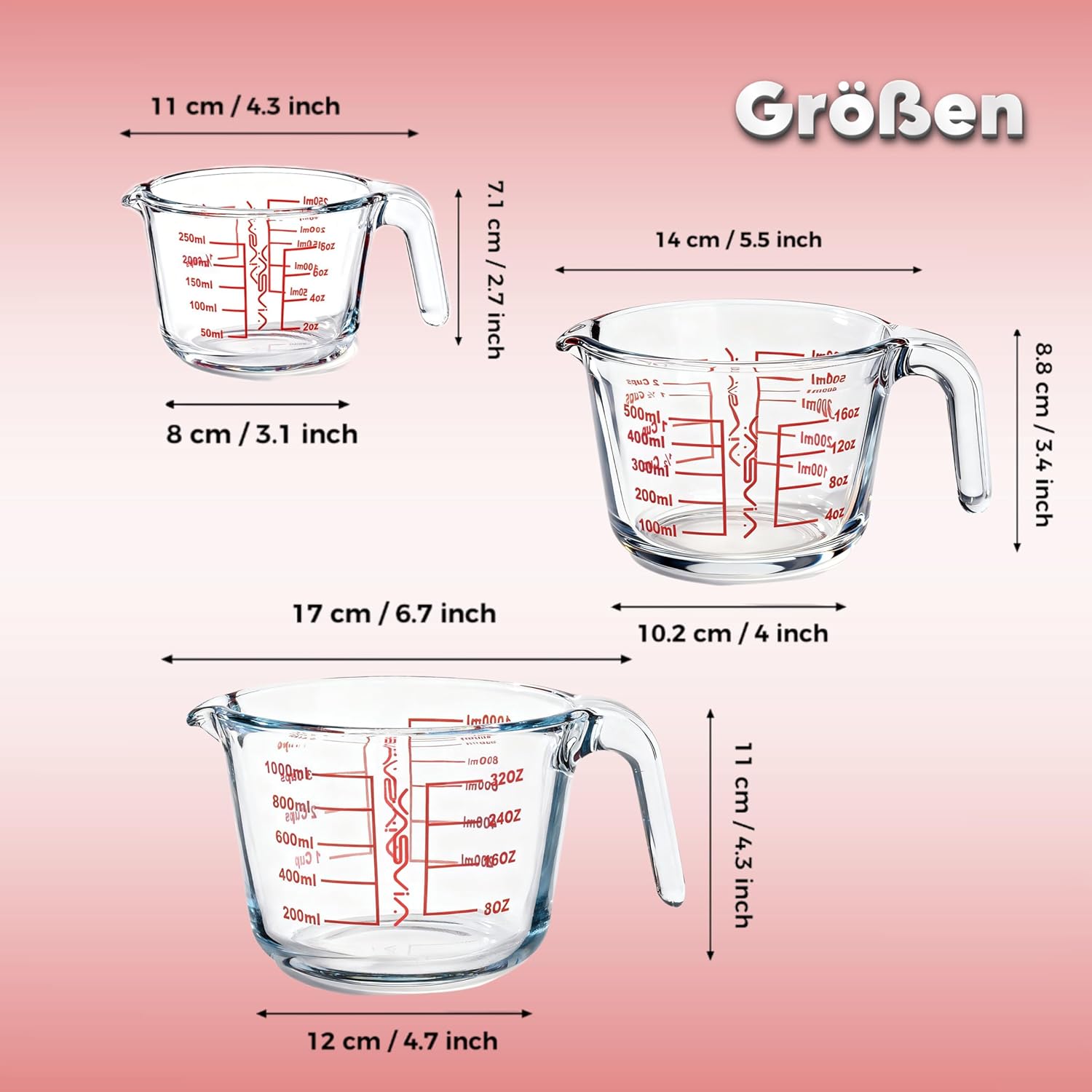 3’lü Cam Ölçü Kabı Seti (250 ml, 500 ml, 1000 ml) – Yüksek Kaliteli Borosilikat Camdan Üretilmiş Ölçü Kapları, Isıya Dayanıklı ve Mikrodalgaya Uygun, Hassas Ölçekli Mutfak Ölçü Kabı, Bulaşık Makinesinde Yıkanabilir